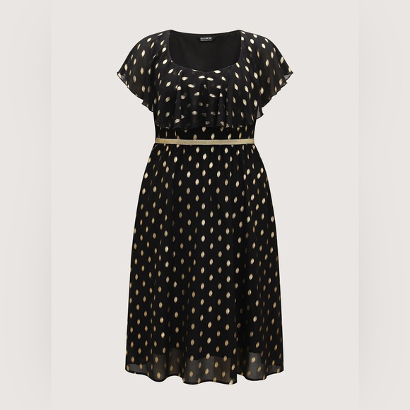 BloomChic Shimmery Polka Dot Stretchy Waist Midi Dress Black/Gold Plus Size - Picture 3 of 11